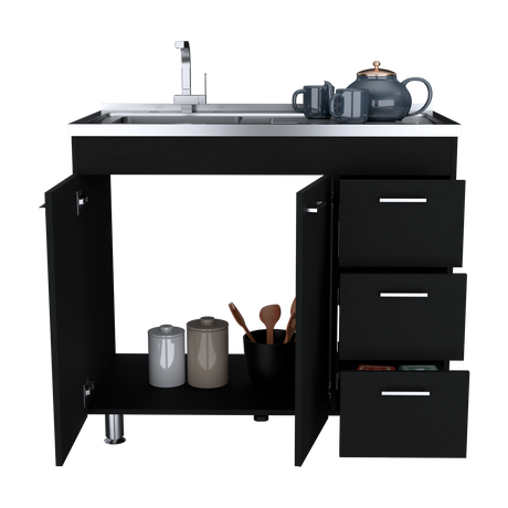 Mueble Inferior de Cocina Ferreti Wengue 100x90cm Con Mesón de Acero Inoxidable para Lado Izquierdo y sin Estufa - MUEBLES INFERIORES DE COCINA | Bylmo