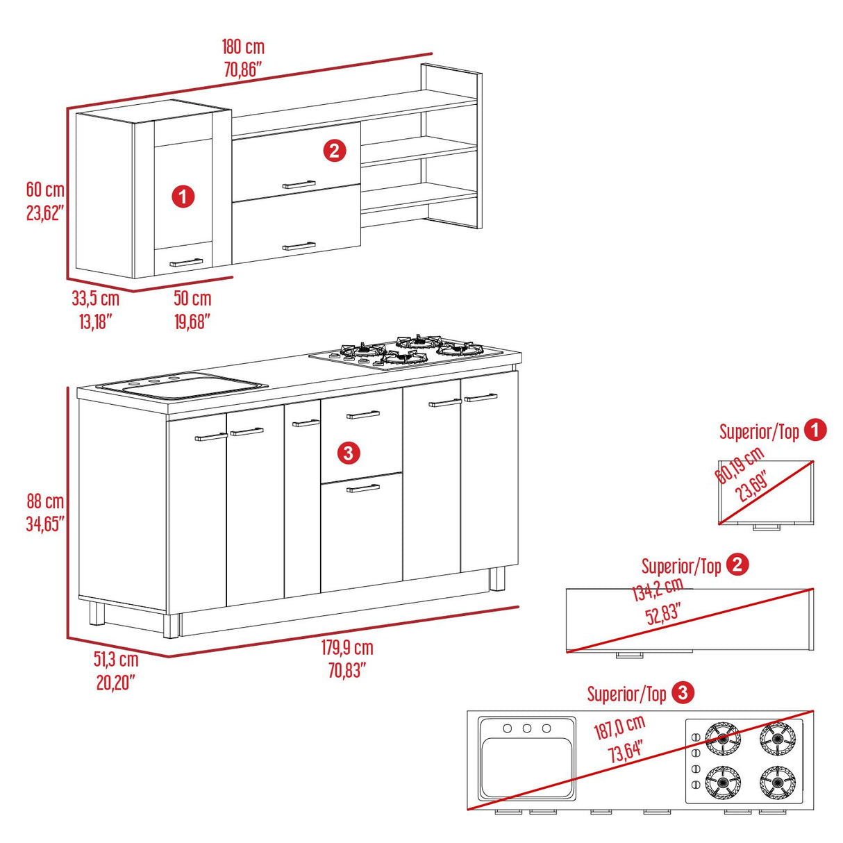 Cocina Carmen Duna Y Onix 180x88cm con Mesón de Acero Inoxidable y con Pozuelo - COCINAS | Bylmo