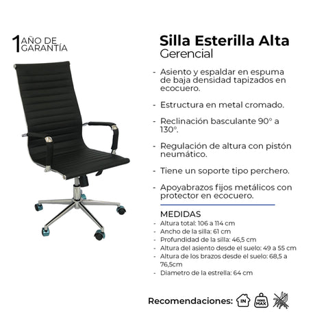 Silla de Oficina Alta Esterilla Negro Cuero Ecológico 61x46.5cm Reclinable y Giratoria con Ruedas - SILLAS DE OFICINA | Bylmo