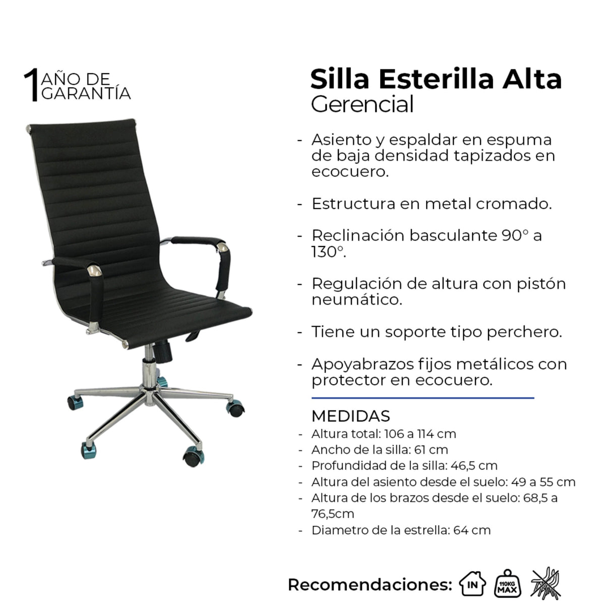 Set x 2 Sillas de Oficina Alta Esterilla Negro 61x46.5cm Reclinable y Giratoria con Ruedas - SILLAS DE OFICINA | Bylmo