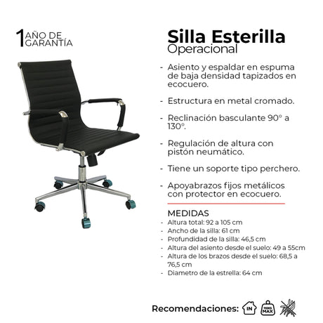 Silla de Oficina Esterilla Negro 61x46.5cm Reclinable y Giratoria con Ruedas - SILLAS DE OFICINA | Bylmo