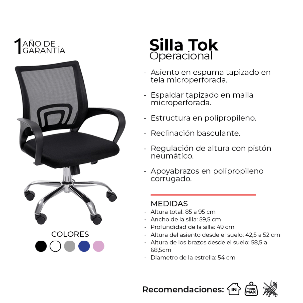Set x 2 Sillas de Oficina Tok Negro 57x52cm Reclinable y Giratoria con Ruedas - SILLAS DE OFICINA | Bylmo