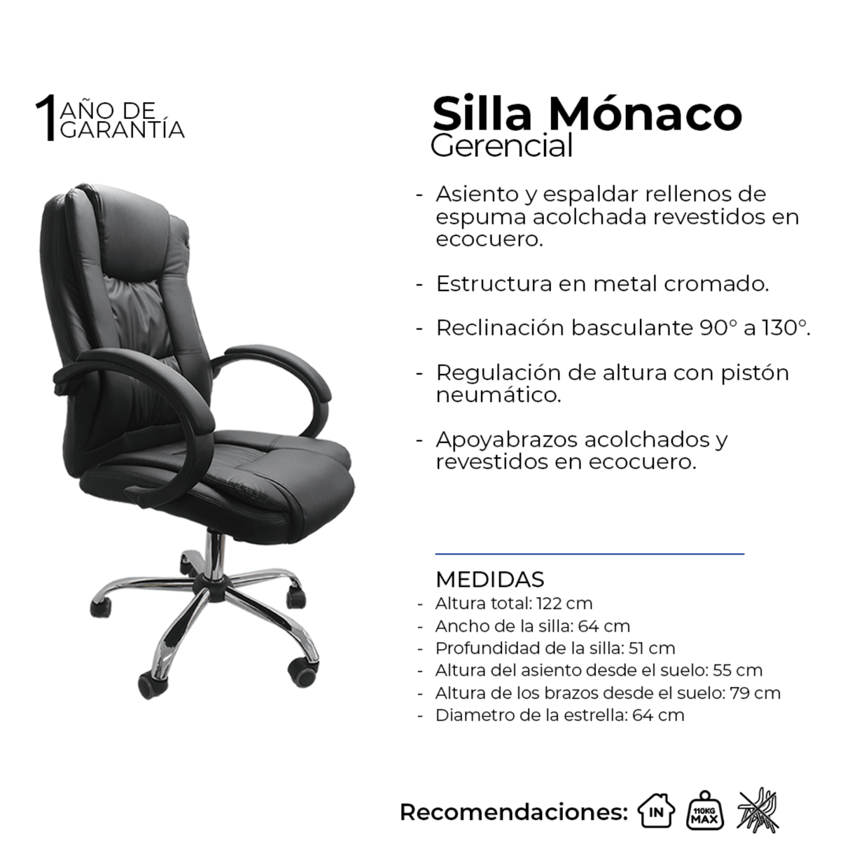 Silla de Oficina Monaco Negro 64x51cm Reclinable y Giratoria con Ruedas - SILLAS DE OFICINA | Bylmo