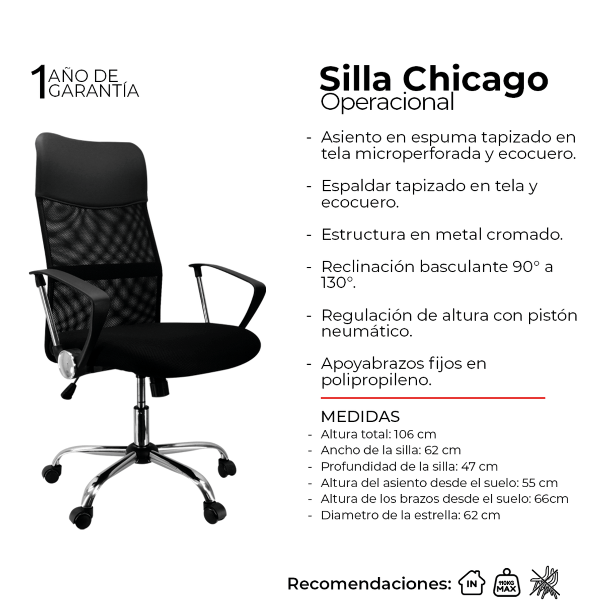 Silla de Oficina Chicago Negro 62x47cm Reclinable y Giratoria con Ruedas - SILLAS DE OFICINA | Bylmo