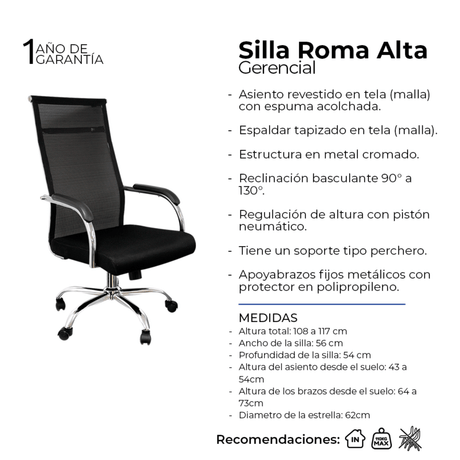 Silla de Oficina Roma Negro 56x52cm Reclinable y Giratoria con Ruedas - SILLAS DE OFICINA | Bylmo