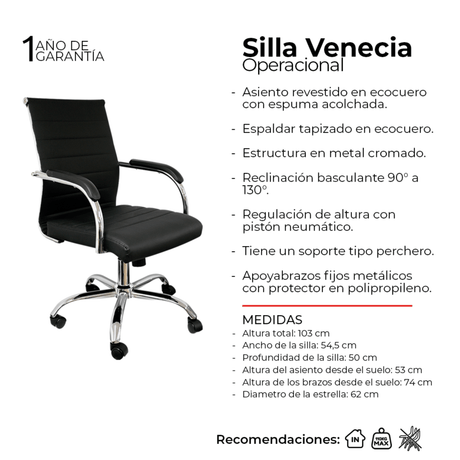 Silla de Oficina Venecia Negro 54.5x50cm Reclinable y Giratoria con Ruedas - SILLAS DE OFICINA | Bylmo