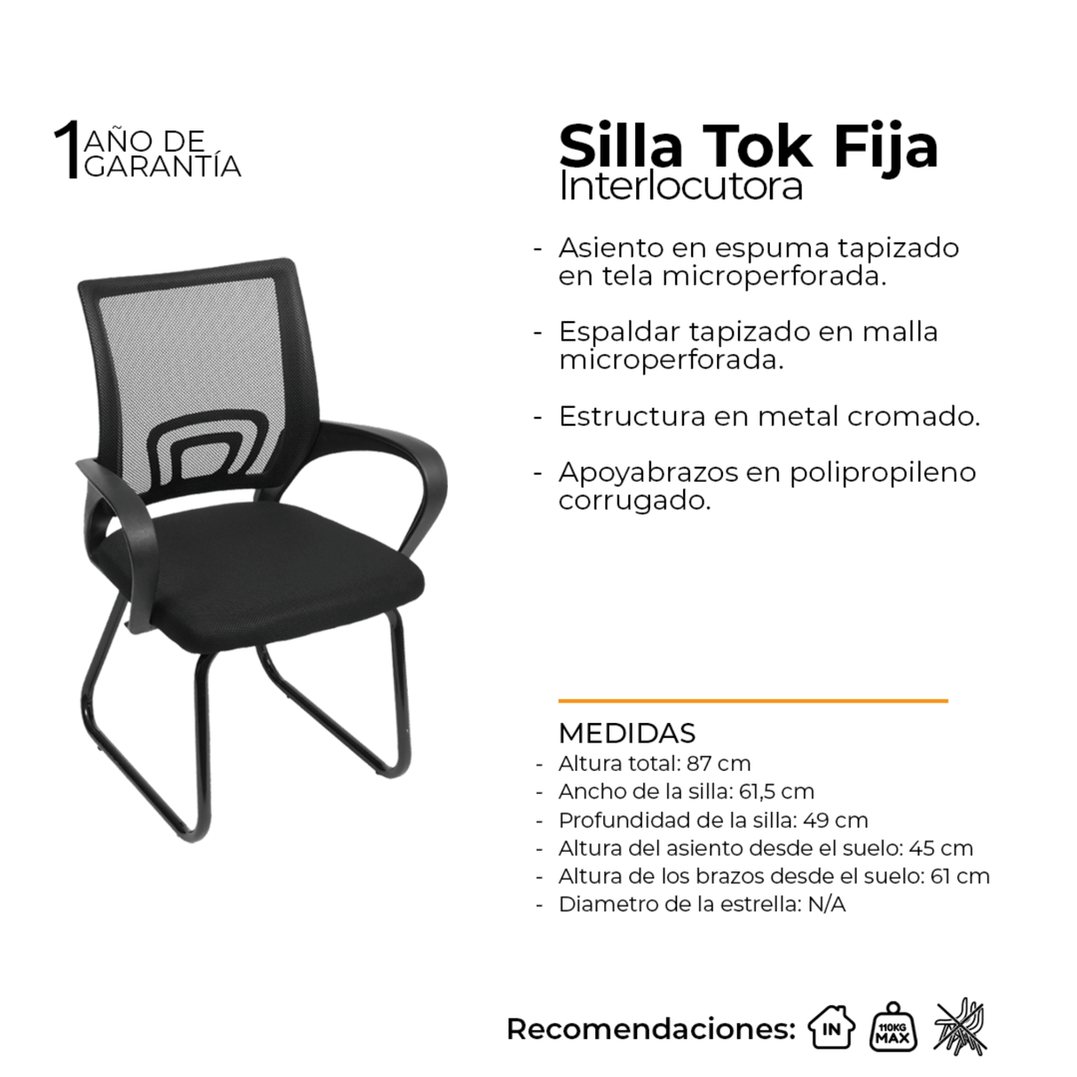 Set x 2 Sillas de Oficina Tok Negro 61.5x49cm de Base Fija - SILLAS DE OFICINA | Bylmo