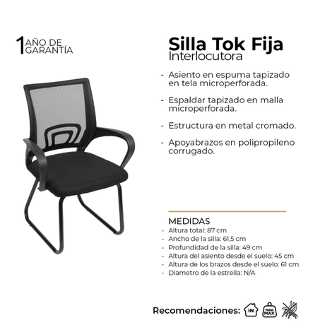 Set x 2 Sillas de Oficina Tok Negro 61.5x49cm de Base Fija - SILLAS DE OFICINA | Bylmo