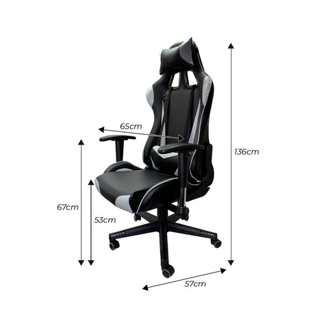 Silla Gamer F16 Gris 65x57cm Reclinable y Giratoria con Ruedas - SILLAS DE OFICINA | Bylmo