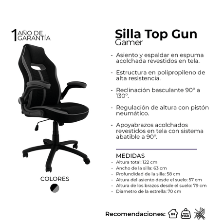 Silla Gamer Topgun Gris 63x58cm Reclinable y Giratoria con Ruedas - SILLAS DE OFICINA | Bylmo