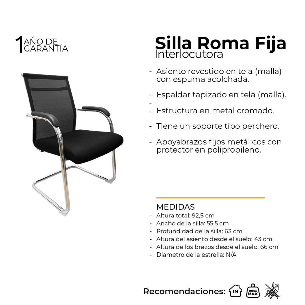 Silla de Oficina Roma Negro 55.5x63cm de Base Fija - SILLAS DE OFICINA | Bylmo