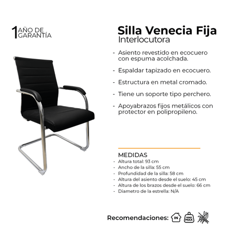 Silla de Oficina Venecia Negro 55x58cm de Base Fija - SILLAS DE OFICINA | Bylmo