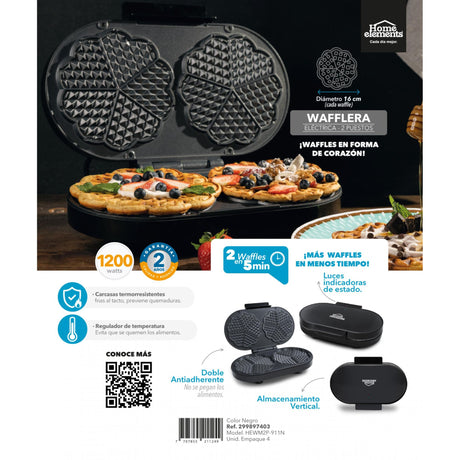 Waflera Negro 23.1x7.8cm de Dos Puestos con Luz Indicadora - SANDUCHERAS Y WAFLERAS | Bylmo