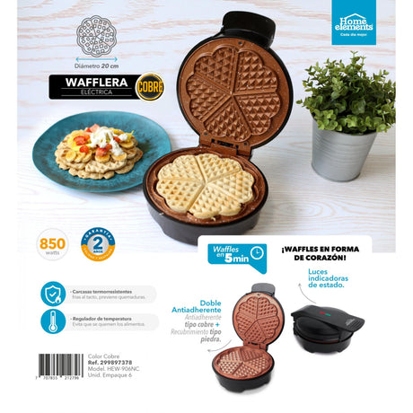 Waflera Negro y Cobre 18.5x8cm de Un Puesto con Luz Indicadora - SANDUCHERAS Y WAFLERAS | Bylmo