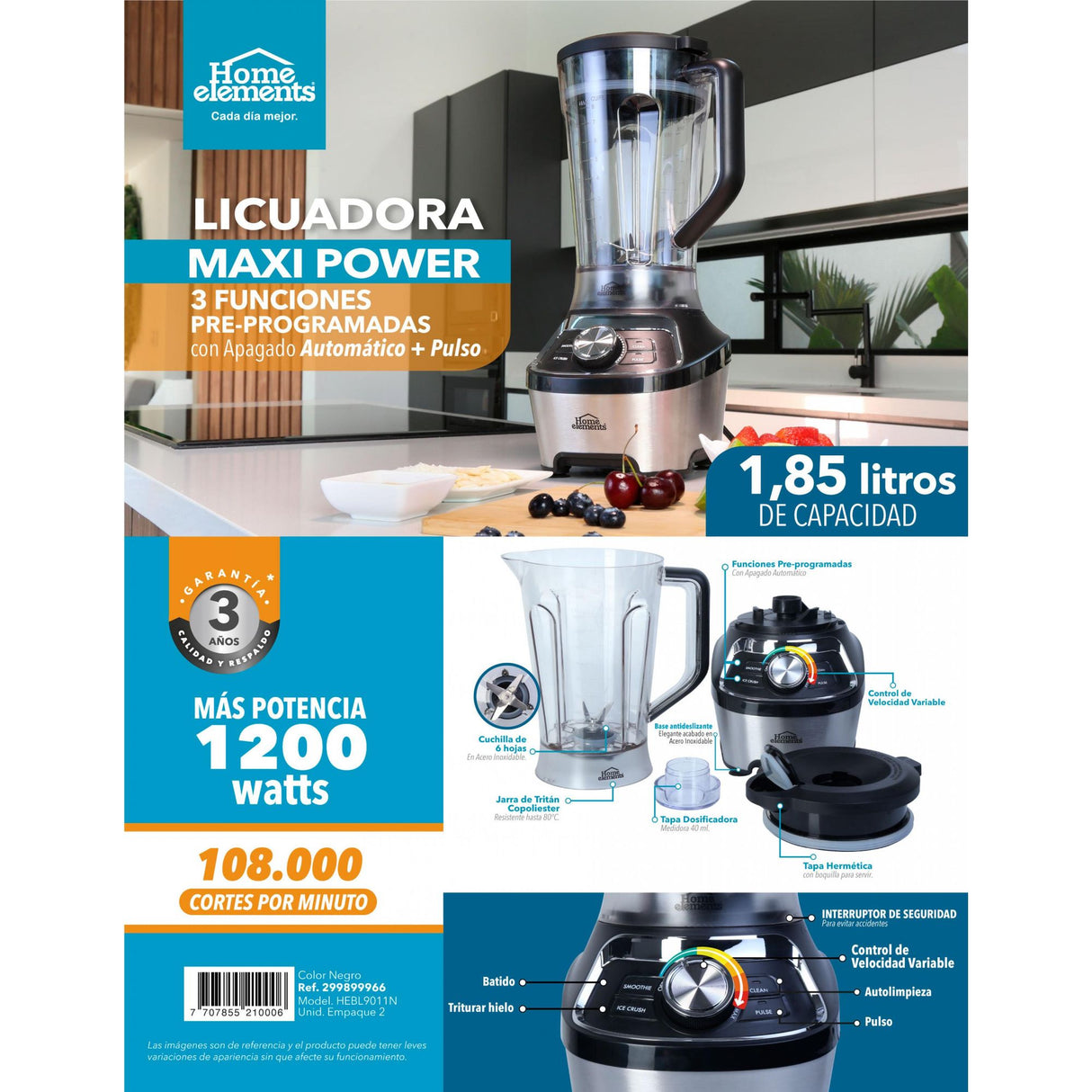 Licuadora Maxi Power Negro y Plateado 21.5x44cm De Seis Aspas y 1.8 Litros - LICUADORAS Y PROCESADORES | Bylmo