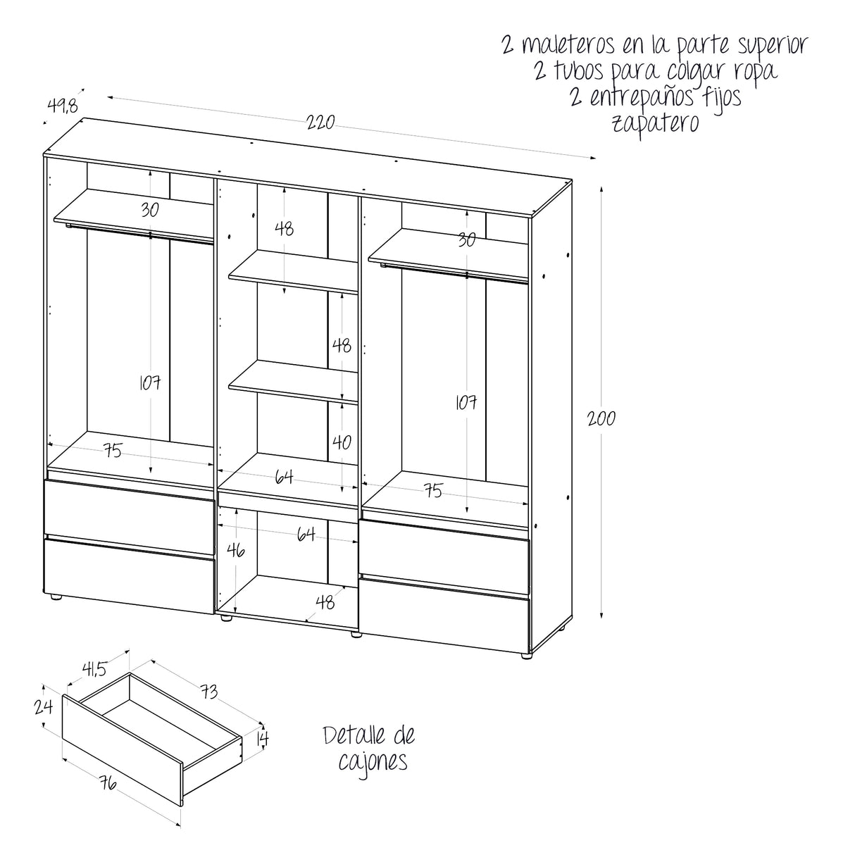 Closet Dallas Gales y Wengue 220x200cm con Cuatro Cajones y con Doce Compartimientos - CLOSETS | Bylmo