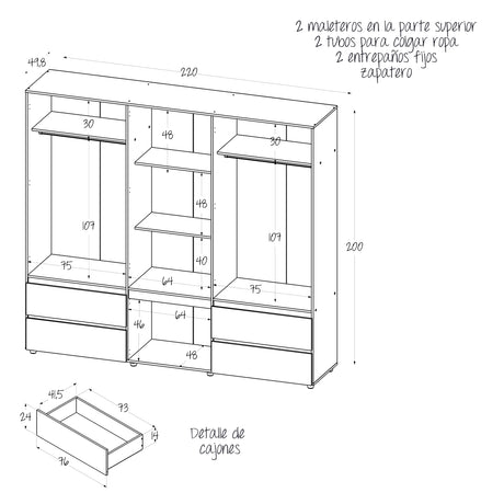 Closet Dallas Niebla y Blanco 220x200cm con Cuatro Cajones y con Doce Compartimientos - CLOSETS | Bylmo