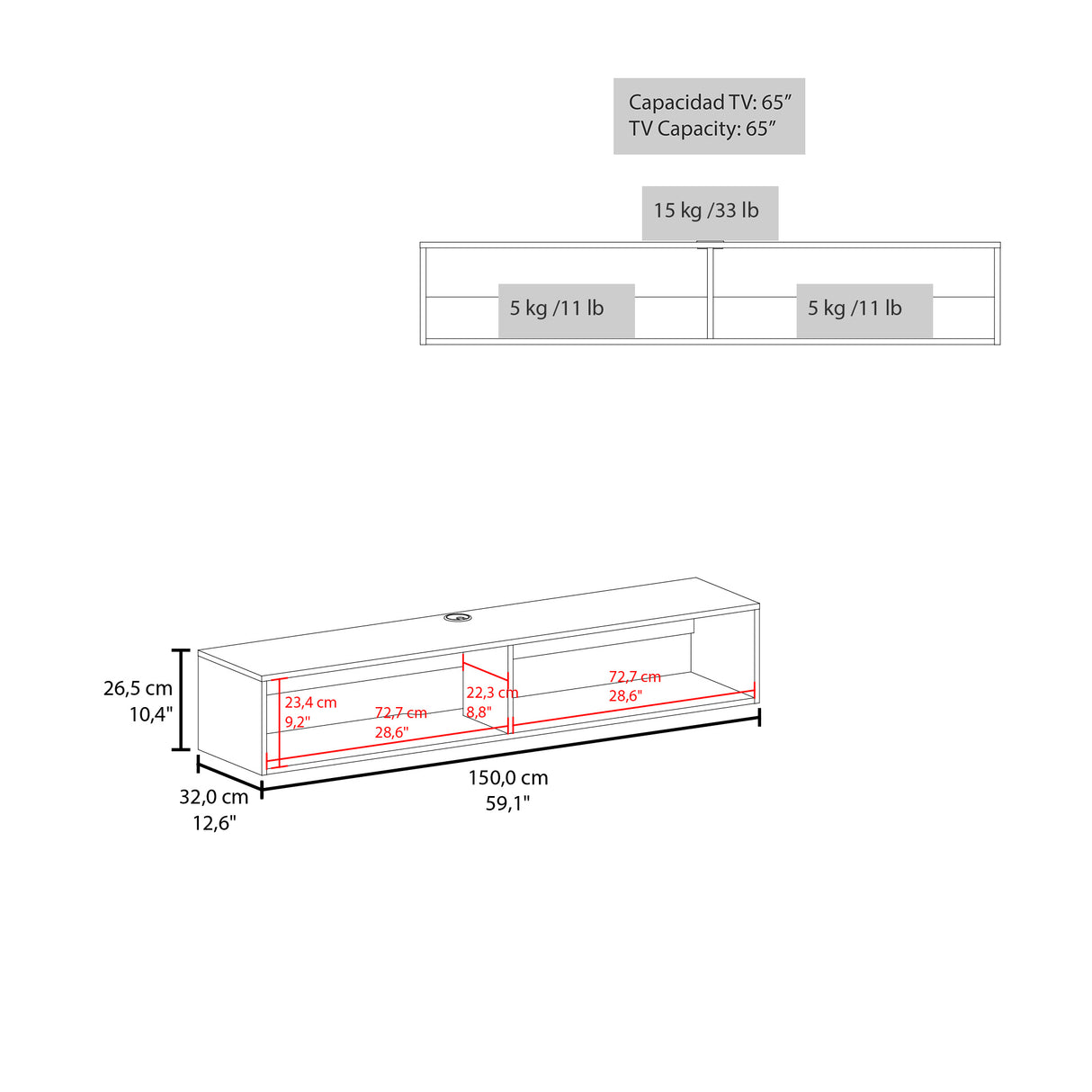 Rack de TV Flotante Bardolino 150x27cm para TV Hasta 65 Pulgadas con Dos Compartimientos y con Ranuras para Cables - MUEBLES DE TV | Bylmo