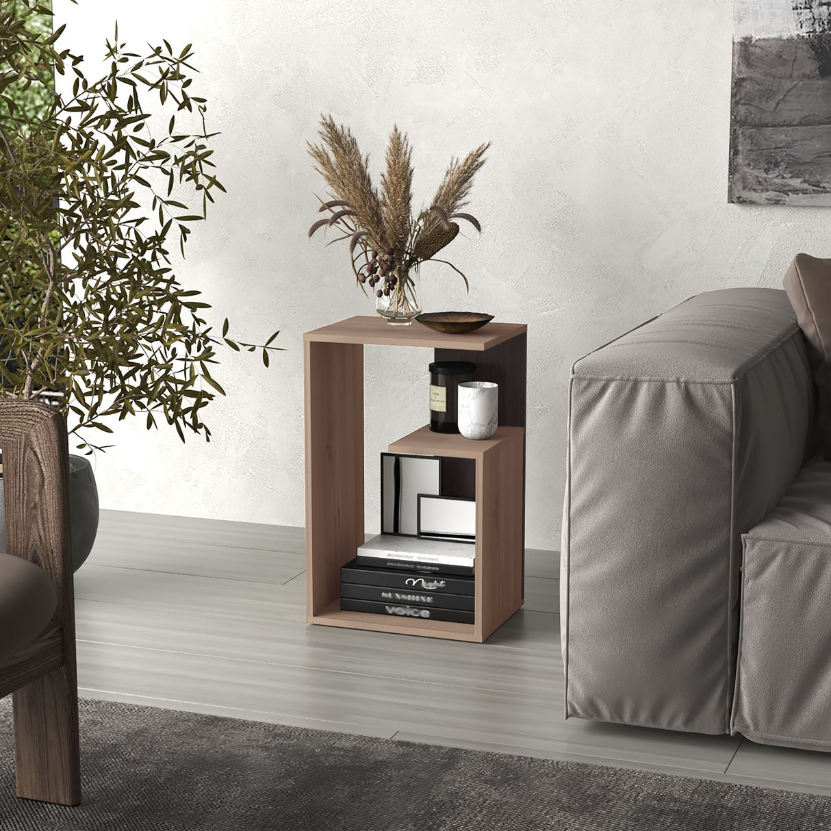 Mesa Auxiliar Rectangular Everett Cafe Expreso y Wengue 40x63cm con Tres Compartimientos - MESAS AUXILIARES | Bylmo