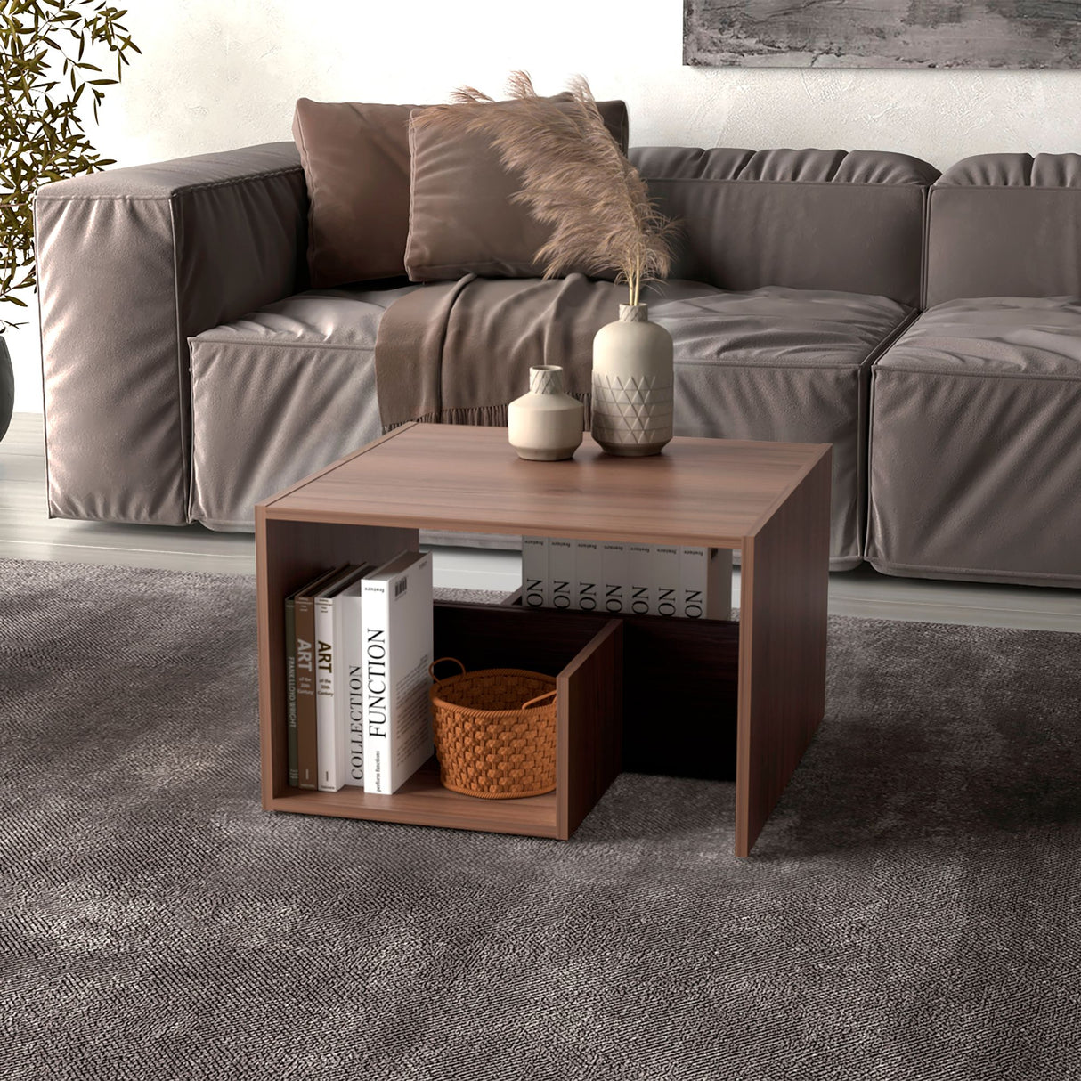 Mesa Auxiliar Rectangular Everett Cafe Expreso y Wengue 40x63cm con Tres Compartimientos - MESAS AUXILIARES | Bylmo