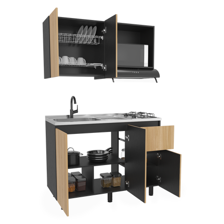 Cocina Express Wengue y Fresno Europeo 120x60cm con Mesón de Acero Inoxidable para Lado Izquierdo y con Estufa - COCINAS | Bylmo