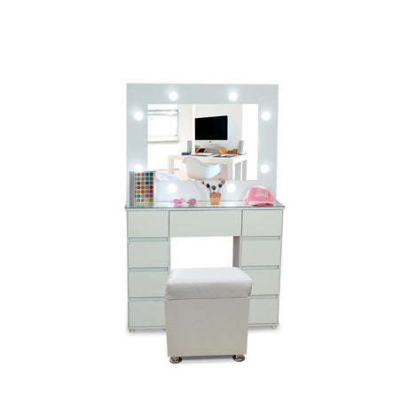 Tocador con Espejo Jazmin Blanco 105x165cm con Nueve Cajones y Un Puff - TOCADORES | Bylmo