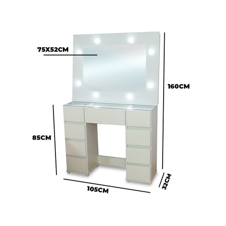Tocador con Espejo Jazmin Blanco 105x165cm con Nueve Cajones y Un Puff - TOCADORES | Bylmo