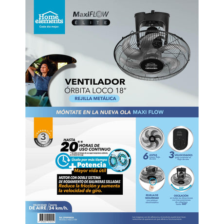 Ventilador de Órbita MaxiFlow Elite Negro 51x36cm de Tres Velocidades con Oscilación - VENTILADORES | Bylmo