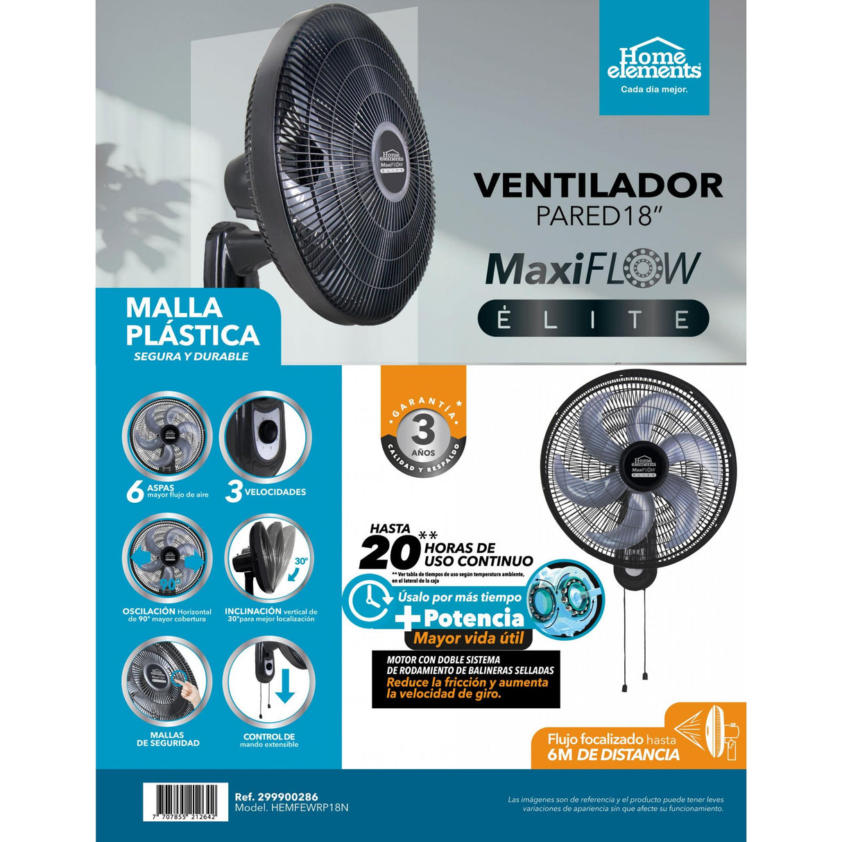 Ventilador de Pared MaxiFlow Elite Negro 37x56cm de Tres Velocidades con Oscilación - VENTILADORES | Bylmo