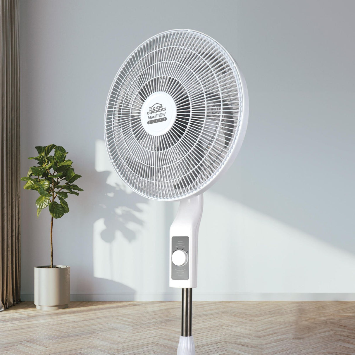 Ventilador de Piso MaxiFlow Elite Blanco y Gris 48.5x140cm de Tres Velocidades con Oscilación - VENTILADORES | Bylmo