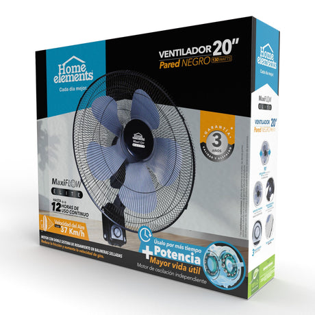 Ventilador de Pared MaxiFlow Elite Negro 33.5x63cm de Tres Velocidades con Oscilación - VENTILADORES | Bylmo
