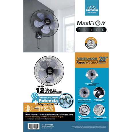 Ventilador de Pared MaxiFlow Elite Negro 33.5x63cm de Tres Velocidades con Oscilación - VENTILADORES | Bylmo