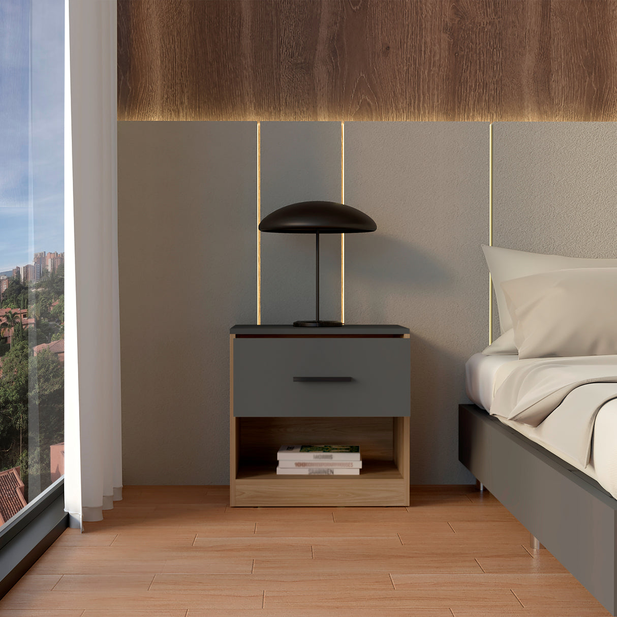 Mesa de Noche Girona Plomo y Fresno Europeo 50x40.3cm con Dos Compartimientos - MESAS DE NOCHE | Bylmo