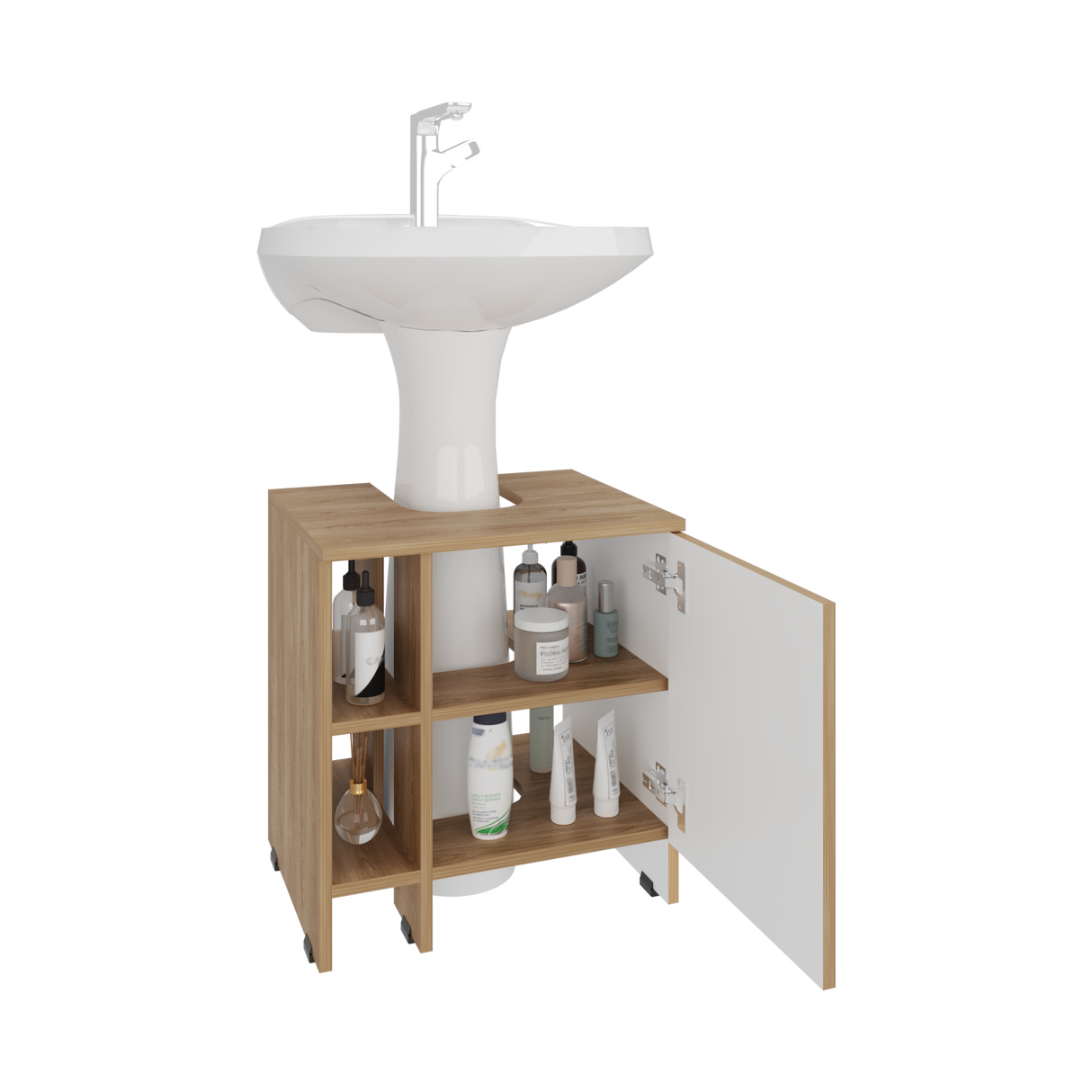 Mueble para Lavamanos Basic Fresno Europeo y Blanco 47x50.5cm con Patas y Una Puerta - MUEBLES PARA LAVAMANOS | Bylmo