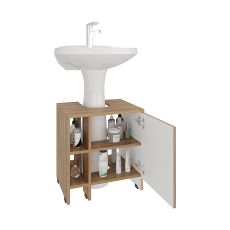 Mueble para Lavamanos Basic Fresno Europeo y Blanco 47x50.5cm con Patas y Una Puerta - MUEBLES PARA LAVAMANOS | Bylmo