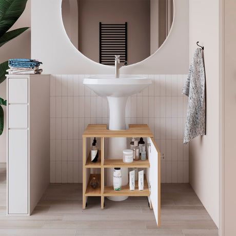 Mueble para Lavamanos Basic Fresno Europeo y Blanco 47x50.5cm con Patas y Una Puerta - MUEBLES PARA LAVAMANOS | Bylmo