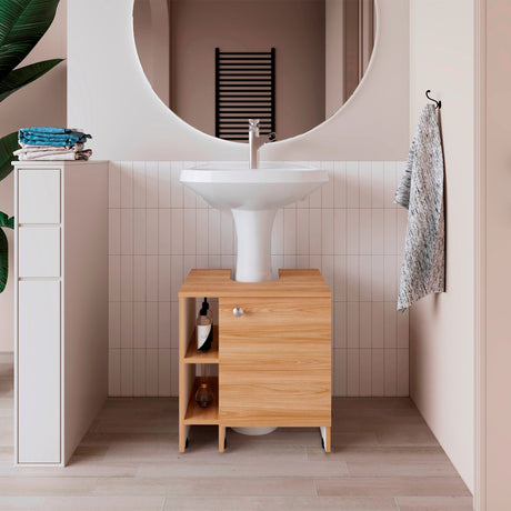 Mueble para Lavamanos Basic Fresno Europeo y Blanco 47x50.5cm con Patas y Una Puerta - MUEBLES PARA LAVAMANOS | Bylmo