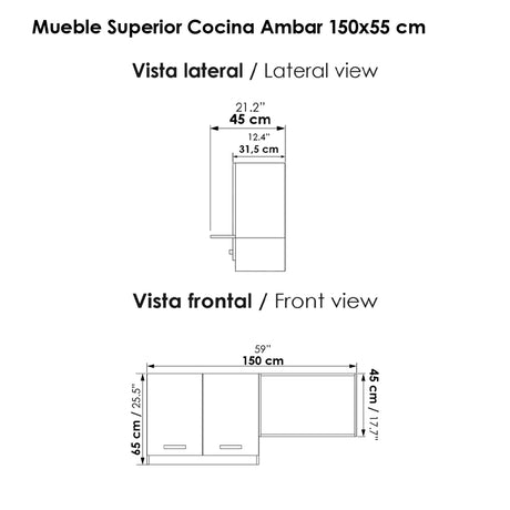 Mueble Superior de Cocina Ambar Gracia 150x60cm con Espacio para Extractor y para Microondas Derecha - MUEBLES SUPERIORES DE COCINA | Bylmo