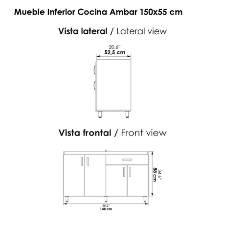 Mueble Inferior de Cocina Ambar Soder 148x87cm sin Mesón sin Pozuelo y con Organizador de Cubiertos - MUEBLES INFERIORES DE COCINA | Bylmo