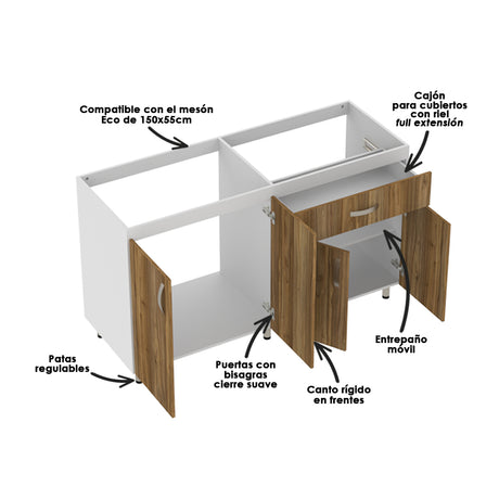 Mueble Inferior de Cocina Ambar Gracia 148x87cm sin Mesón sin Pozuelo y con Organizador de Cubiertos - MUEBLES INFERIORES DE COCINA | Bylmo