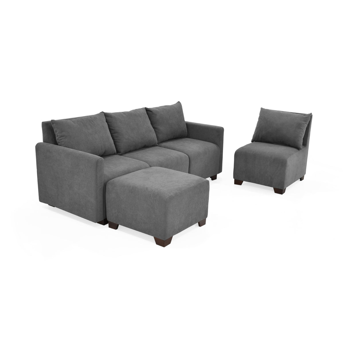 Sala Modular Alcala Gris 190x80cm de Cinco Puestos Resistente a Rasguños con Apoya Brazos y Puff - SOFAS Y POLTRONAS | Bylmo