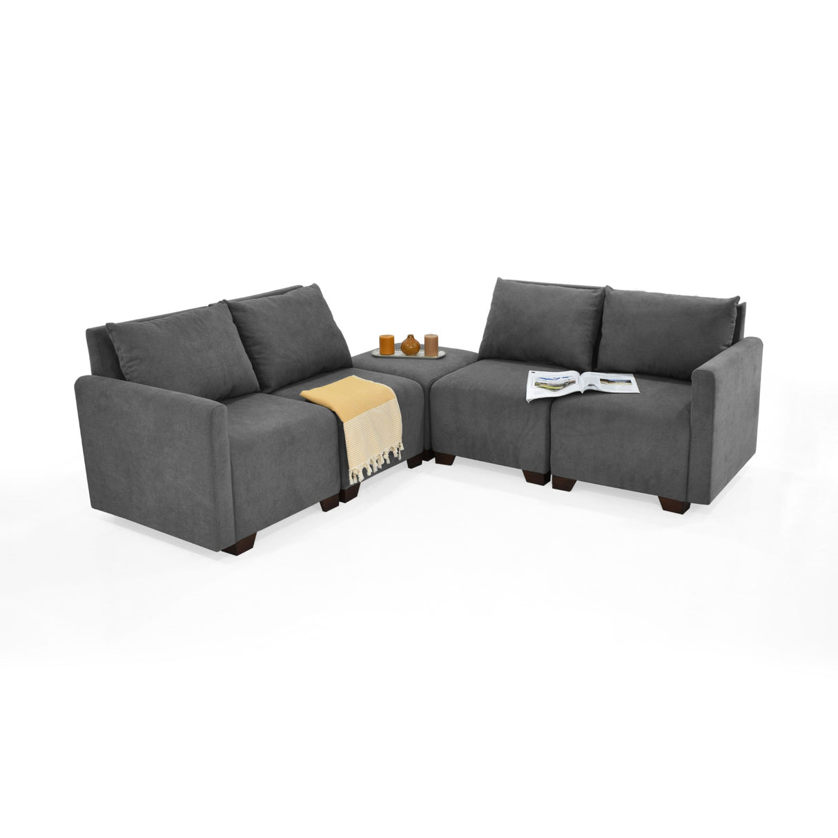 Sala Modular Alcala Gris 190x80cm de Cinco Puestos Resistente a Rasguños con Apoya Brazos y Puff - SOFAS Y POLTRONAS | Bylmo