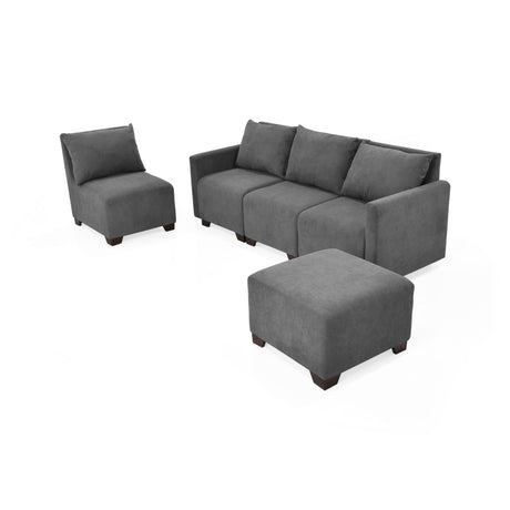 Sala Modular Alcala Gris 190x80cm de Cinco Puestos Resistente a Rasguños con Apoya Brazos y Puff - SOFAS Y POLTRONAS | Bylmo
