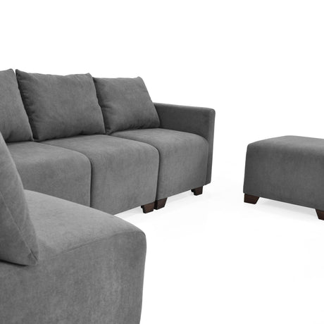 Sala Modular Alcala Gris 190x80cm de Cinco Puestos Resistente a Rasguños con Apoya Brazos y Puff - SOFAS Y POLTRONAS | Bylmo