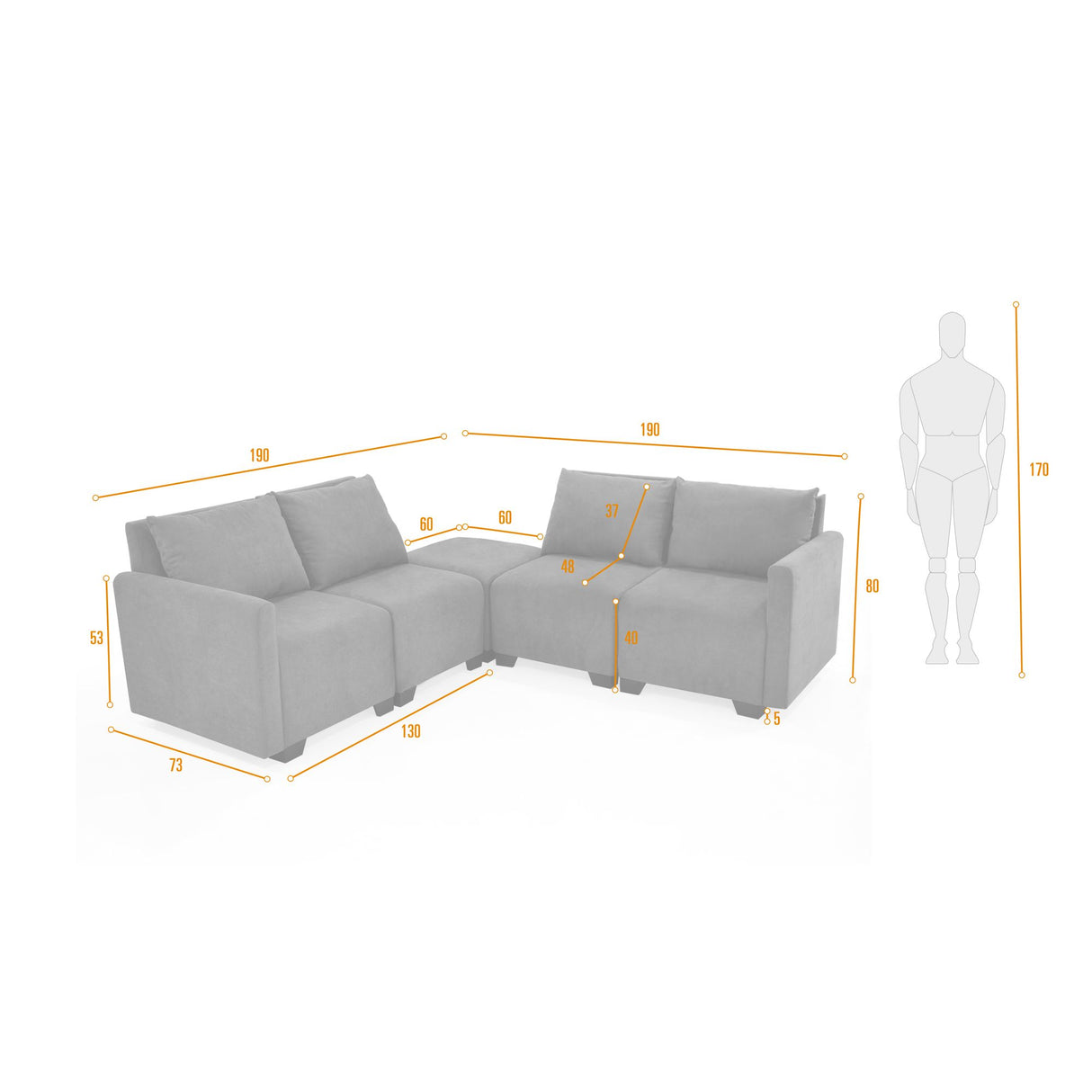 Sala Modular Alcala Gris 190x80cm de Cinco Puestos Resistente a Rasguños con Apoya Brazos y Puff - SOFAS Y POLTRONAS | Bylmo