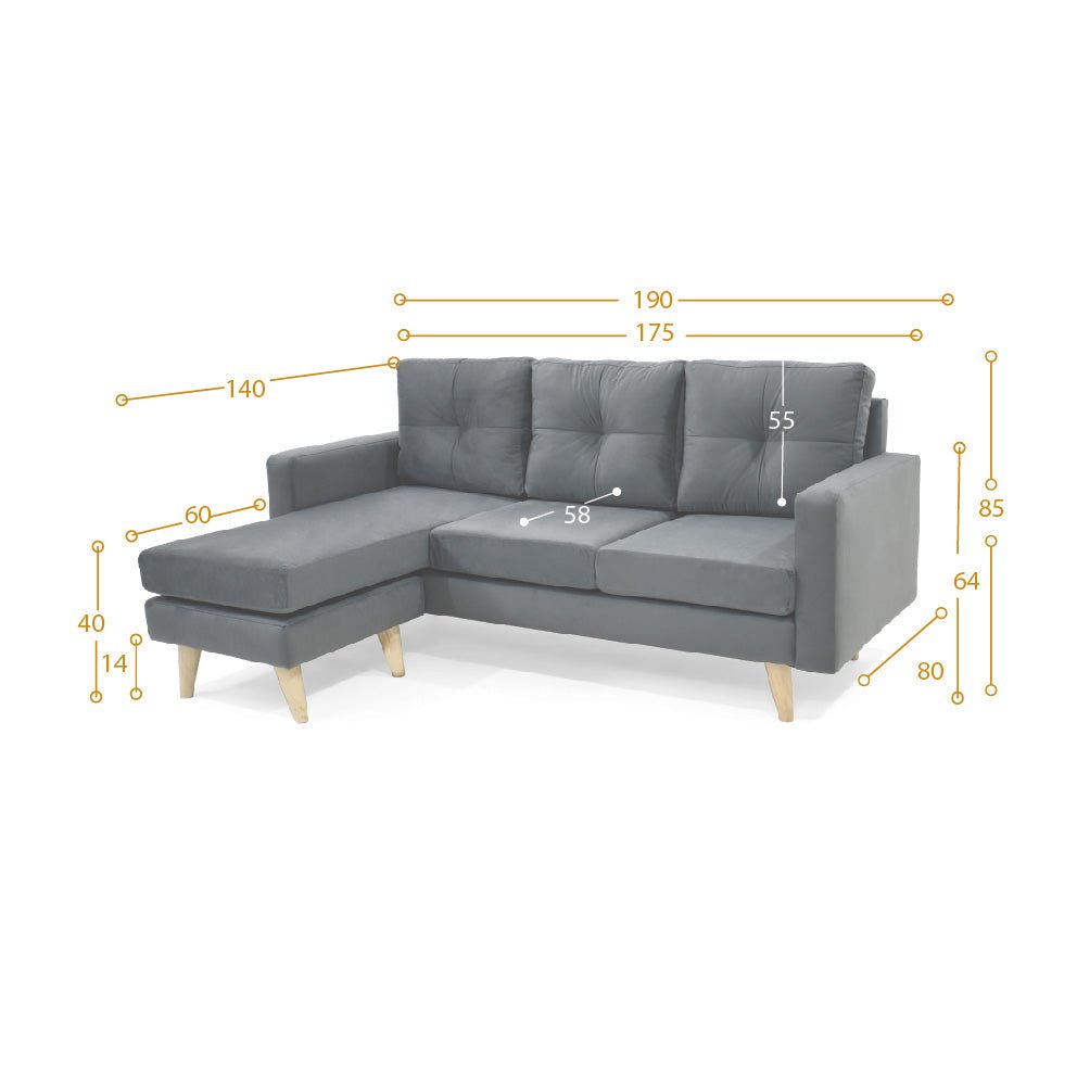 Sofá en L Beira Gris 190x85cm de Cuatro Puestos con Apoya Brazos - SOFAS Y POLTRONAS | Bylmo