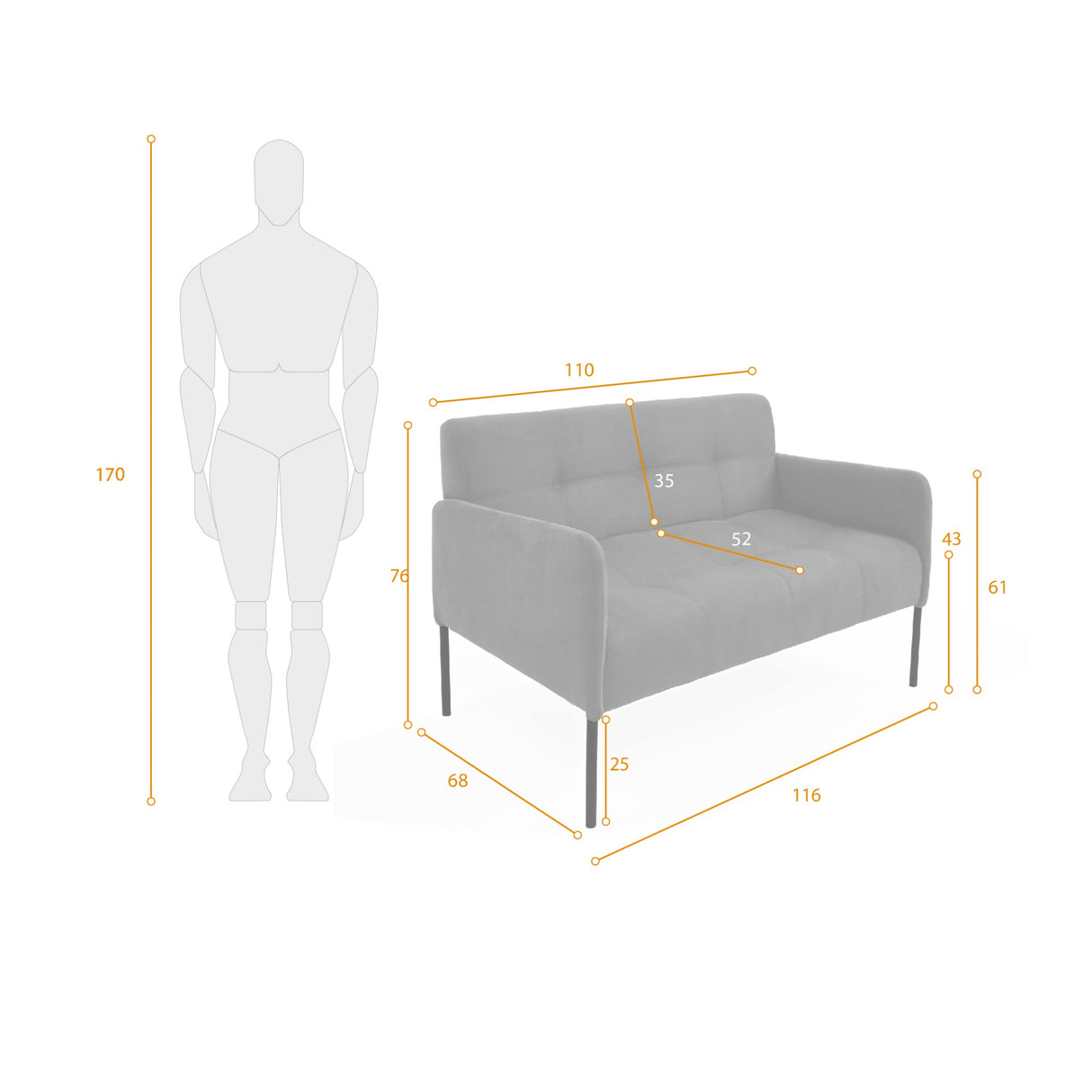 Sofá Marie Gris 116x76cm de Dos Puestos con Apoya Brazos Resistente a Rasguños - SOFAS Y POLTRONAS | Bylmo