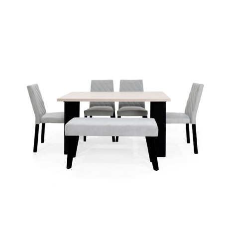 Combo Comedor Rectangular Soho Plata y Matiz Negro 138x74cm De Seis Puestos con Cuatro Sillas y Un Butaco - COMEDORES | Bylmo