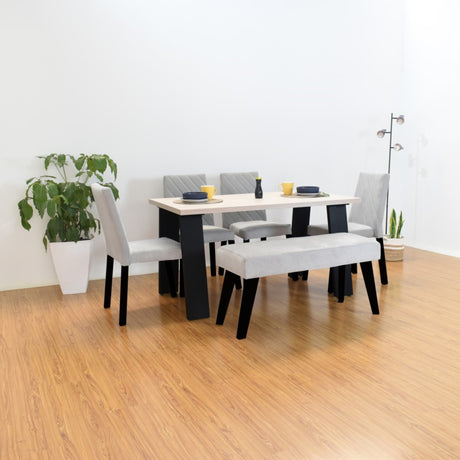 Combo Comedor Rectangular Soho Plata y Matiz Negro 138x74cm De Seis Puestos con Cuatro Sillas y Un Butaco - COMEDORES | Bylmo