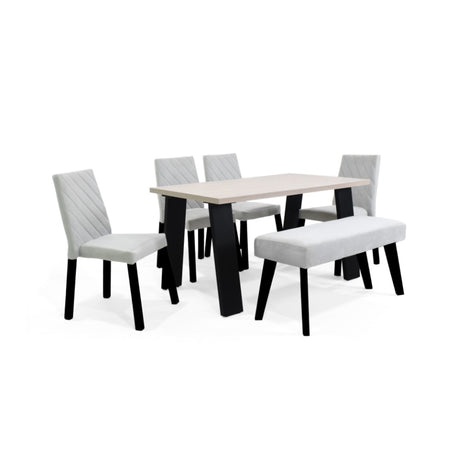 Combo Comedor Rectangular Soho Plata y Matiz Negro 138x74cm De Seis Puestos con Cuatro Sillas y Un Butaco - COMEDORES | Bylmo